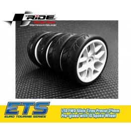 Ride 1/10 Slick Tires Precut 24mm Pre-glued with 10 Spoke Wheel White (4pcs)